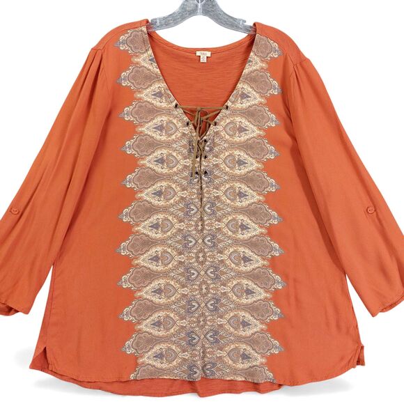 Reba Woman 2X Boho Peasant Top Burnt Orange Lace-Up Paisley Tunic Blouse - Picture 1 of 9